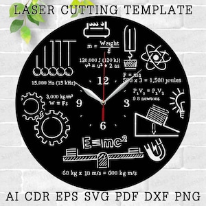 May include: A black clock face with white clock hands and various physics formulas and illustrations. The clock face includes the formulas for kinetic energy, work, momentum, and more. The clock face also includes illustrations of a pendulum, gears, an atom, a light bulb, and a seesaw.