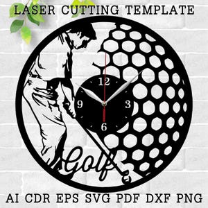 Golfklocka laserskurna filer SVG-fil vektorfil AI CDR DXF direktnedladdning digital design klippfil vektor Dekor Sport Golfklocka SVG