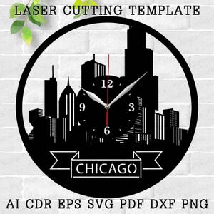 May include: Black and white laser cut clock design featuring a cityscape silhouette of Chicago with the text "CHICAGO" on a banner below the clock face.