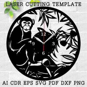 May include: Black and white laser cut template of a monkey sitting in a tree with a clock face in the center. The clock face has numbers 12, 9, 6, and 3. The template is for a wall clock.