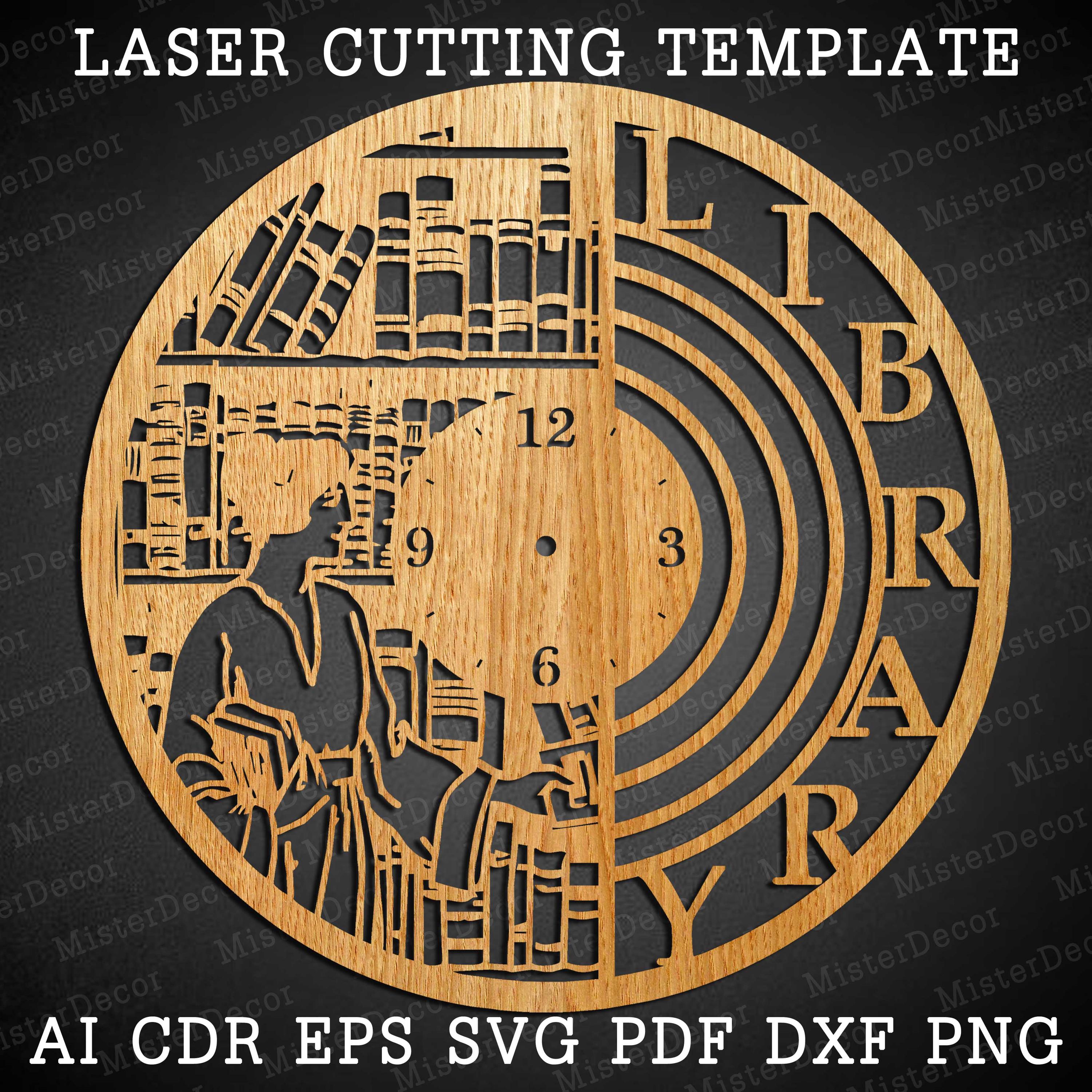 Library Clock Svg Library Clock Laser Cut Files SVG Vector File Ai Cdr, Dxf, Eps, Pdf ...