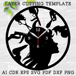 May include: Black laser-cut wall clock featuring a silhouette of a woman's profile with hair styling tools. The clock face has a minimalist design with hands indicating the time. The words "LASER CUTTING TEMPLATE" and file type abbreviations are also present.