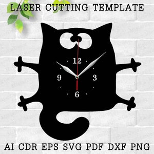 May include: Black cat clock silhouette with a white clock face and black hands. The clock face has numbers 12, 9, 6, and 3. The cat is in a playful pose with its arms and legs outstretched.  The image includes the text "LASER CUTTING TEMPLATE" and "AI CDR EPS SVG PDF DXF PNG".