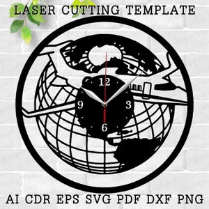 May include: Black and white laser cut clock design featuring a globe with an airplane flying over it. The clock face has Roman numeral markings. The text "LASER CUTTING TEMPLATE" and "AI CDR EPS SVG PDF DXF PNG" are visible at the top and bottom of the image.