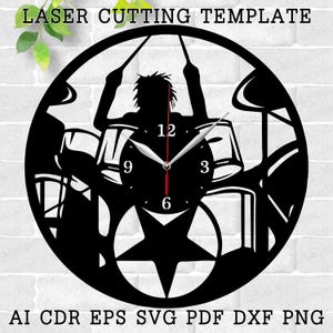 Drummer klok lasergesneden bestanden SVG-bestand vector bestand ai cdr dxf instant download digitaal ontwerp gesneden bestand vector decor muziek drums klok SVG
