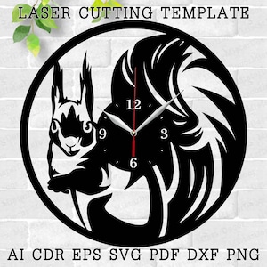 May include: Black and white laser cut clock template featuring a squirrel and a woman's profile. The clock face has Roman numeral markings for the hours.