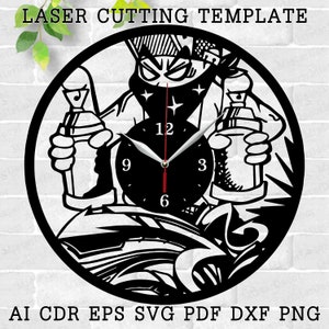 May include: Black and white laser cut clock design featuring a graffiti artist holding spray paint cans. The clock face is black with white numbers and hands.