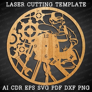 May include: A laser cut wooden clock template featuring a cartoon mechanic holding a wrench and a hammer. The clock face has Roman numerals and gears around the edge. The template is for a DIY project.