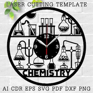May include: A black and white laser cut clock design featuring a chemistry theme. The clock face is round with Roman numeral markings and a black background. The clock is surrounded by various chemistry equipment, including beakers, flasks, and test tubes. The words "CHEMISTRY" are printed below the clock face.