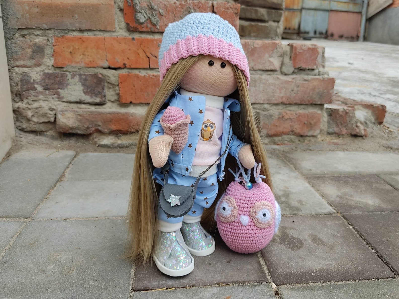 Puppe mit Eule Stoff Puppe Textil Tilda Puppe Kinderzimmer