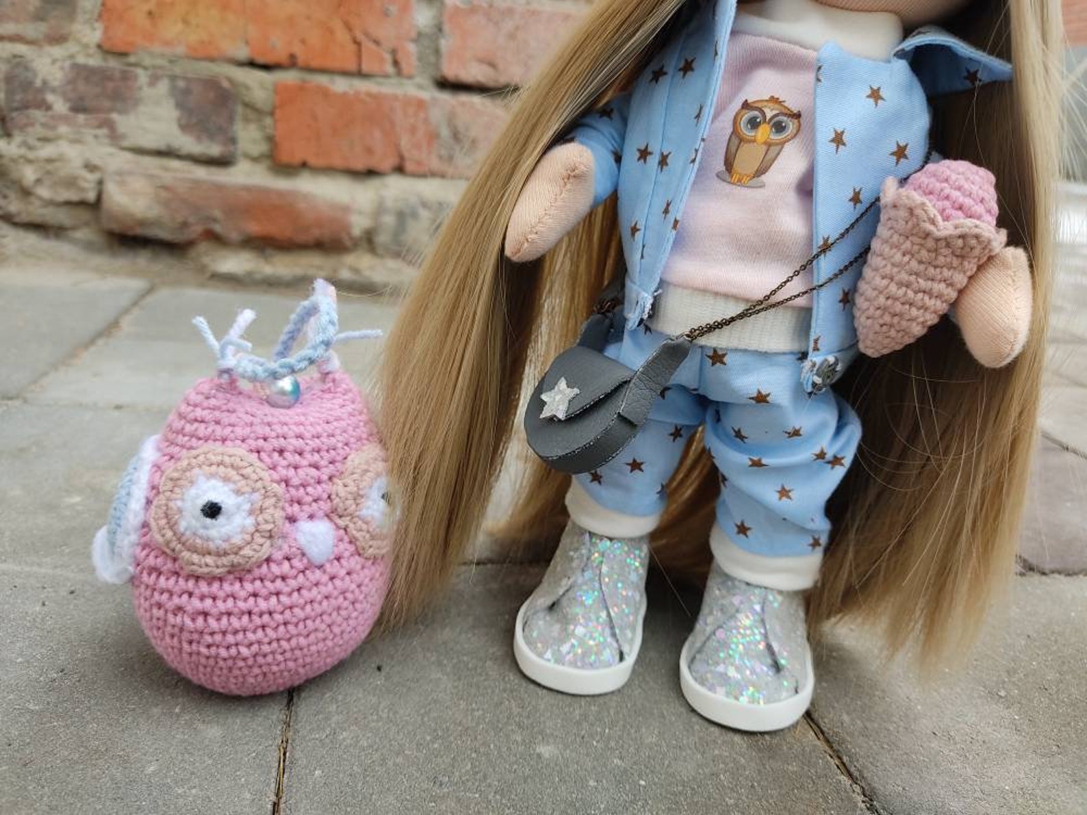 Puppe mit Eule Stoff Puppe Textil Tilda Puppe Kinderzimmer