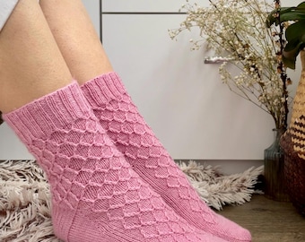 Patrón fácil para tejer calcetines, calcetines para tejer con agujas de doble punta, calcetines gruesos, calcetines de arriba hacia abajo/con puño, calcetines con textura de lana, para principiantes, calcetines hasta la mitad de la pantorrilla.