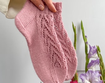 Pink Lace Knit Socks, Hand-Knitted Wool Socks, Cozy Gift for Her, Soft Romantic Cottagecore Socks, Handmade Ankle Socks, Boot socks