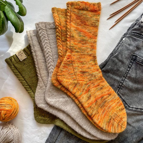 Set of 2 knitting patterns, beginner’s friendly, boot socks pattern, hand knit pattern, think socks, Top / cuff down socks pattern, mid calf