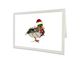 Christmas card with bird motif duck as Santa Claus with string of lights bird drawing with envelope