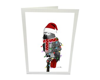 Christmas card with bird motif grey parrot as Santa Claus with string of lights Cap and scarf Bird drawing with cover