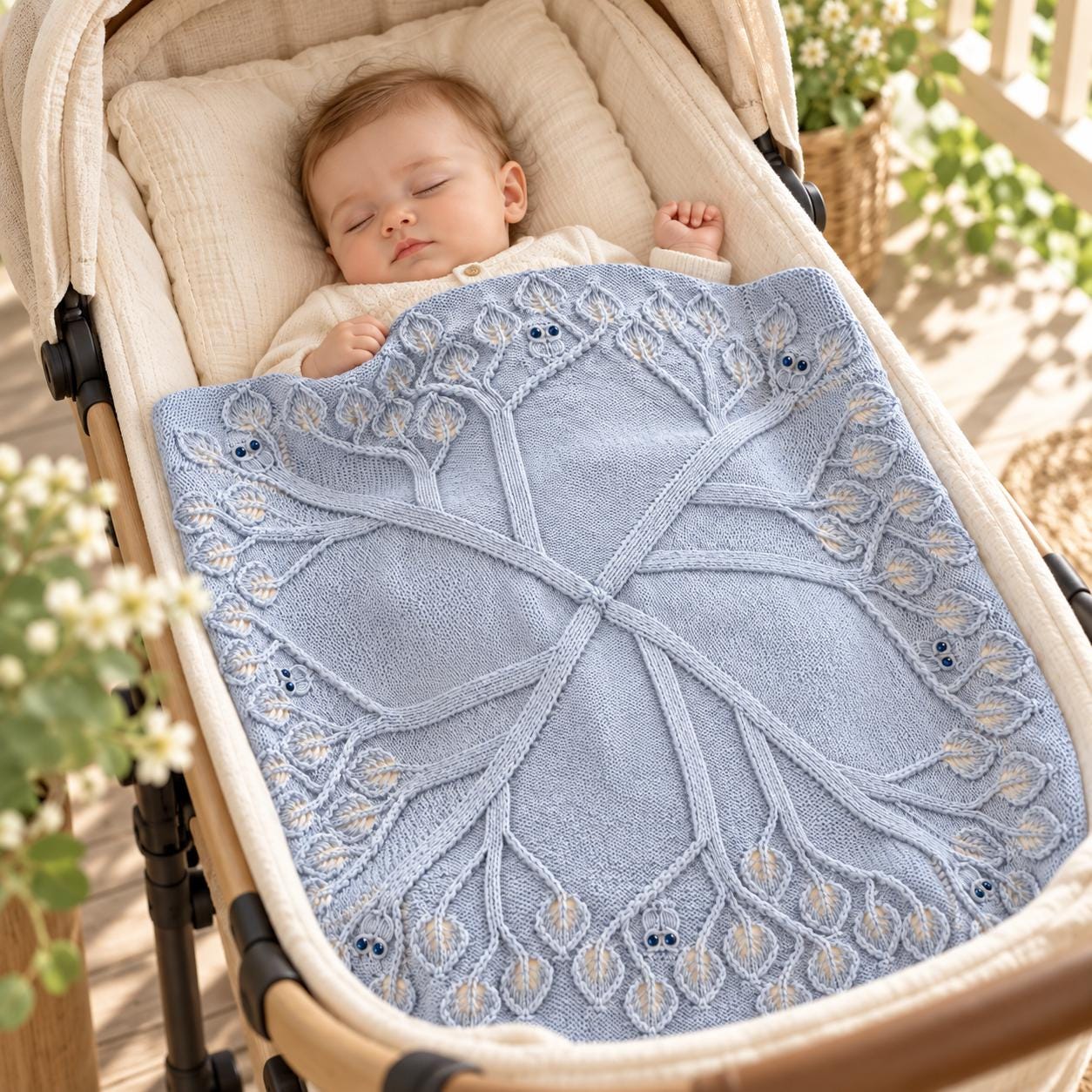 Handmade Knitted Owl Baby Blanket, Pale Blue Woodland Nursery Gift