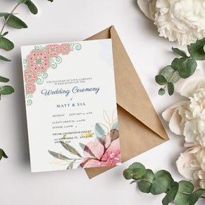 May include: A wedding invitation featuring a floral design in shades of pink, green, and gold. The text reads "The pleasure of your company is requested for the Wedding Ceremony of Matt & Xia. Monday, January 17, 20XX. Guests Arrival 6:00PM. Dinner 6:30PM. Thynk Unlimited Banquet, Anywhere St., Any City, Any 12345."