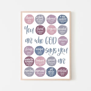 Purple blue pink themed kid&#39;s or teenager&#39;s bedroom printable download|You are who God says you are | Identity in Christ |Christian wall art
