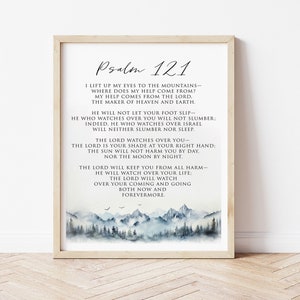 Mountain Christian Wall Art Psalm 121 Mijn hulp komt van de heer blauwgrijs aquarel humeurig landschapsontwerp bijbelvers afdrukbaar