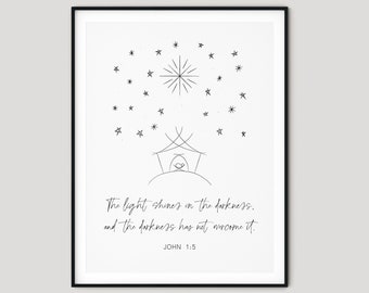 Nativity Wall Art - John 1:5 | Minimalist Christmas decor | Xmas card | The light shines in the darkness | Simple Christmas design