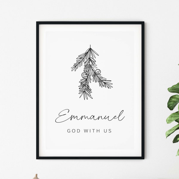 Emmanuel God with us | Minimalist Christmas Decor | Botanical Christian Wall Art | Aesthetic Bible Verse Print | Xmas card | Leafy design