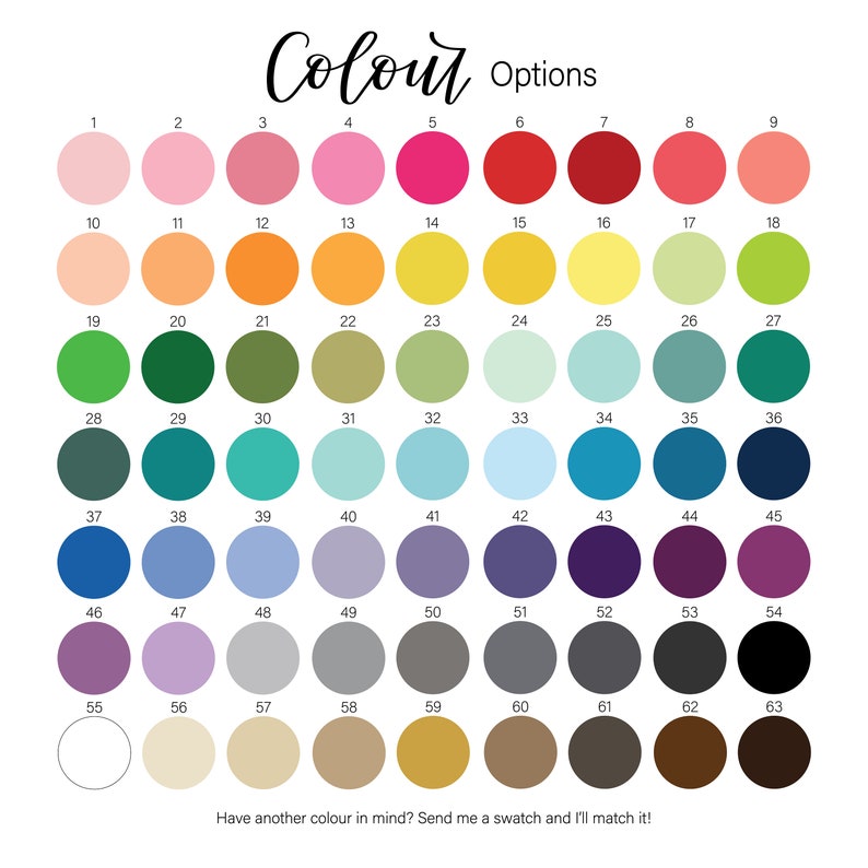 May include: A color chart with 63 different color options. The chart is organized in rows and columns, with each color represented by a circle. The colors range from light to dark, and from cool to warm.
