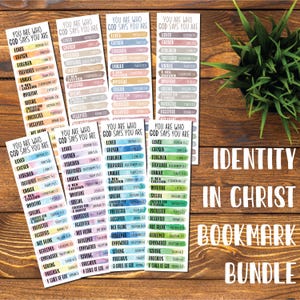 May include: A collection of colourful bookmarks with the text "YOU ARE WHO GOD SAYS YOU ARE" and various affirmations. Each bookmark features a different colour scheme and phrases like "Loved," "Chosen," and "Forgiven." The words "IDENTITY IN CHRIST BOOKMARK BUNDLE" are also visible.
