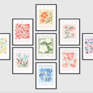 Set of 9 Fruits of the Spirit Bible Verse Wall Art | Galatians 5:22-23 | Flower market design style | Modern Colorful Christian Printable