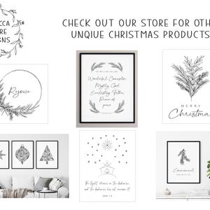 May include: A set of printable Christmas art prints featuring various designs, including a wreath with the word "Ryoice", a star, a Christmas ornament, a Christmas tree, a star with a star of Bethlehem scene, a Christmas tree with the word "Emmanuel", and a sprig of pine with the words "Merry Christmas".