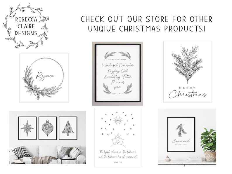 May include: A set of printable Christmas art prints featuring various designs, including a wreath with the word "Ryoice", a star, a Christmas ornament, a Christmas tree, a star with a star of Bethlehem scene, a Christmas tree with the word "Emmanuel", and a sprig of pine with the words "Merry Christmas".