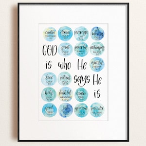 Blue themed kid&#39;s or teenager&#39;s bedroom wall art | Character of God printable hand lettered watercolor artwork | God is who He says He is