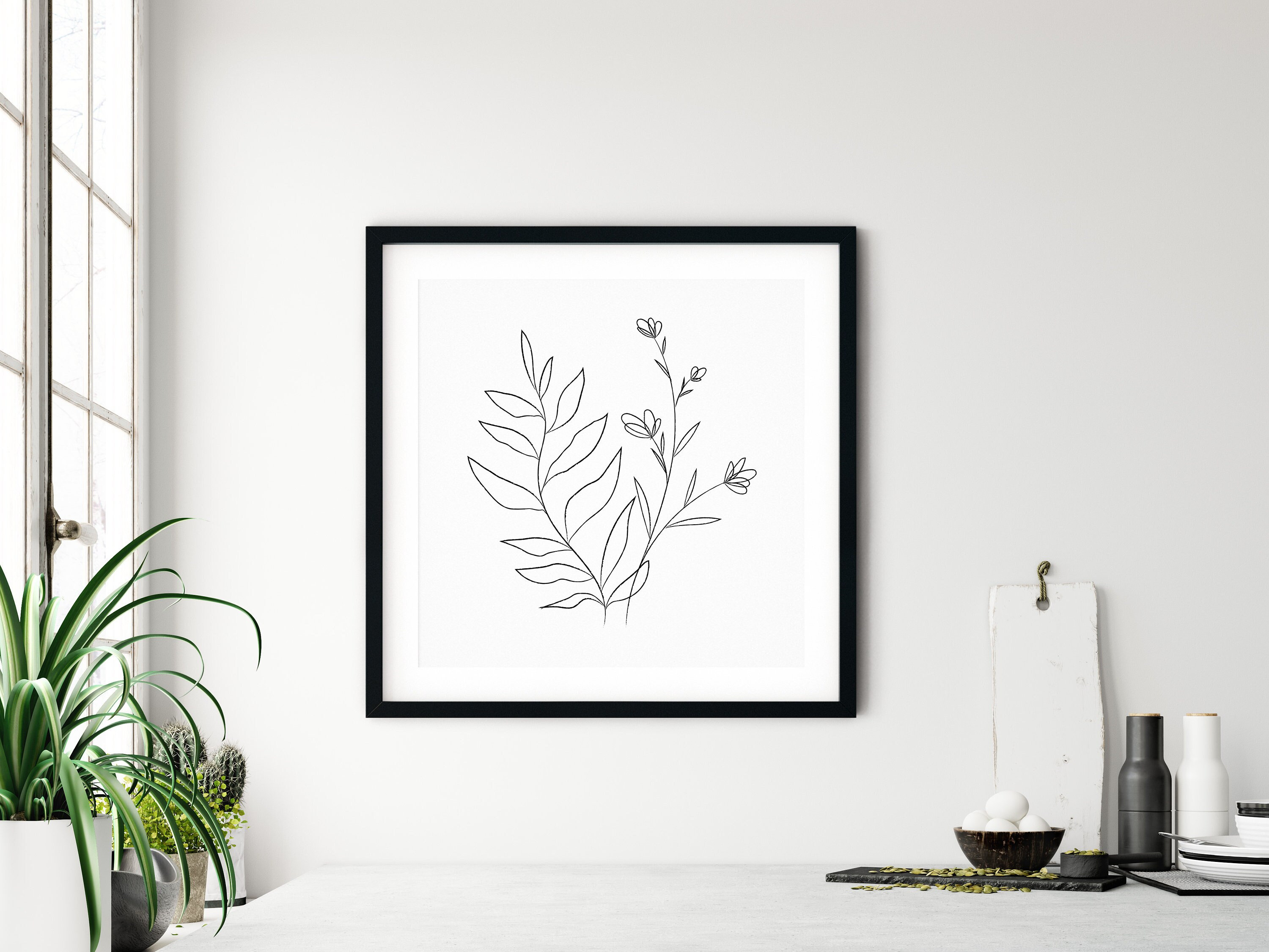 Minimalist Floral Line Art Print, Black & White Nordic Decor (digital ...