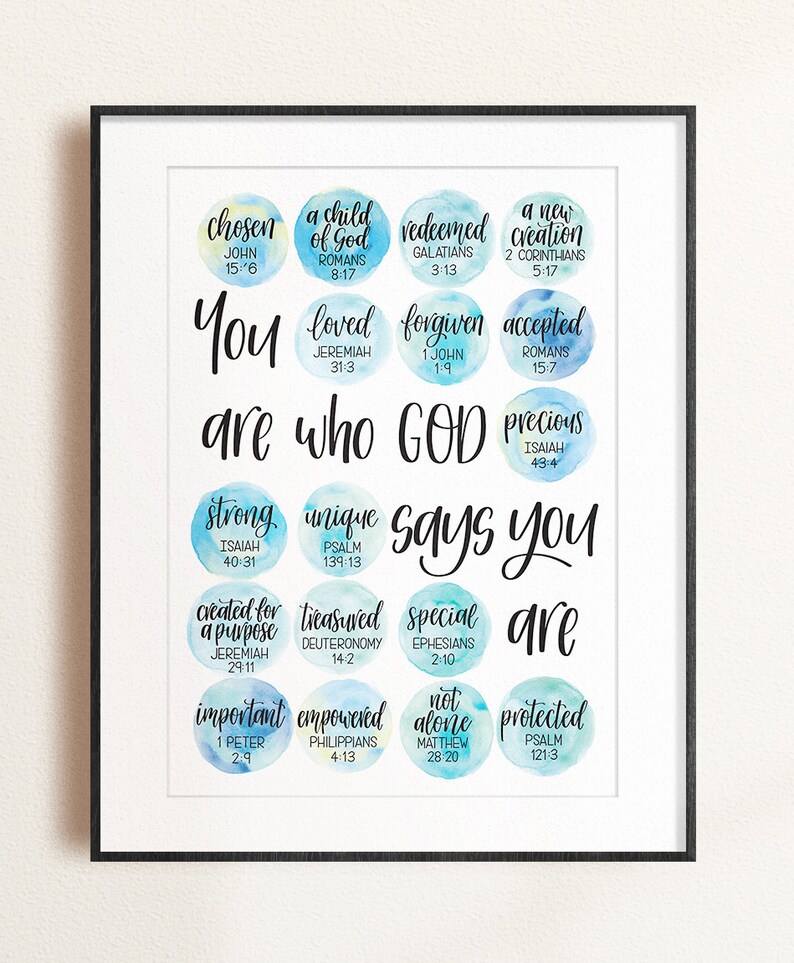 May include: A watercolour print with a blue and white background. The print features a list of words describing a person's identity in God, with corresponding Bible verses. The words include "chosen", "loved", "forgiven", "accepted", "precious", "strong", "unique", "created for a purpose", "treasured", "special", "important", "empowered", "not alone", and "protected".