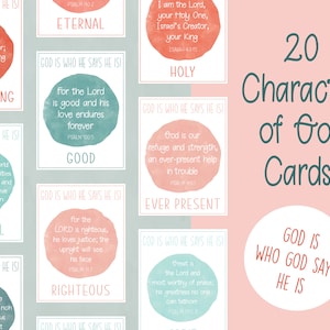 Charakter Gottes Bibelgedächtnis Verse Gott ist, wer Er sagt, Er ist | Attributes of God Druckbare Schriftkarten Coral und Teal Thema Heimschule
