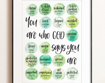 May include: A watercolor print with a green and blue background. The print features a circle with the words "You are who God says you are" in black text. The circle is surrounded by smaller circles with words and bible verses in black text.