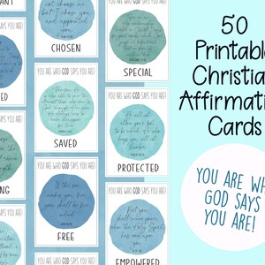 50 Cartões de Afirmações Cristãs/Escrituras para Imprimir | Versículos Bíblicos sobre Identidade em Cristo | Você é quem Deus diz que você é | Tema azul para escola em casa