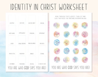 Op de afbeelding: Een printbaar werkblad met aquarel achtergronden en tekst die zegt "Identity in Christ Worksheet". Het werkblad bevat een raster met bevestigingsvakjes met woorden als "geaccepteerd", "gezegend", "geliefd", "vergeven", "sterk" en "een kind van God". Er zijn ook 16 kleurrijke cirkels met Bijbelteksten die overeenkomen met de bevestigingsvakjes.