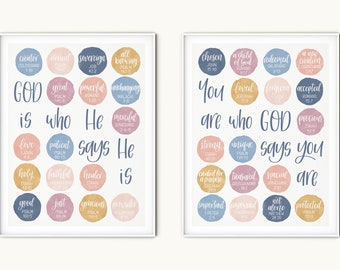 May include: Two framed art prints with inspirational quotes. One reads "God is who He says He is" and the other reads "You are who God says you are." Each print features colourful watercolour circles with words.