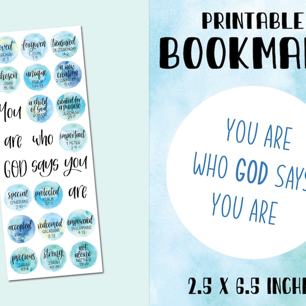 Blue aqua Identity in Christ printable bookmark | You are who God says you are  | Christian home school kids church resources|DIY print gift