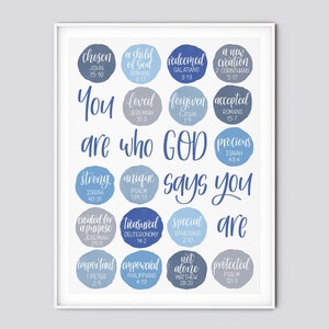 Simple blue themed kid&#39;s or teenager&#39;s bedroom printable download |You are who God says you are | Identity in Christ | Christian wall art