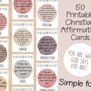 50 Cartões de Afirmações Cristãs/Escrituras para Imprimir | Versículos Bíblicos sobre Identidade em Cristo | Você é quem Deus diz que você é | Fonte Boho Simples