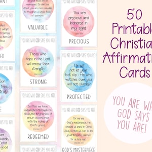 50 afdrukbare christelijke affirmatie-/schriftkaarten | Identiteit in Christus Bijbelteksten | Je bent wie God zegt dat je bent | Regenboog thuisschool