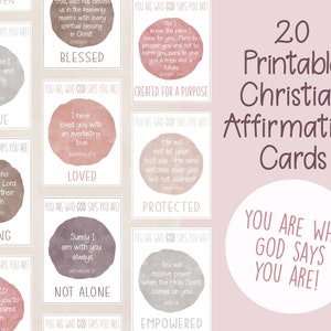 Tarjetas de Afirmaciones Cristianas/Escrituras/Versículos Bíblicos de Identidad en Cristo para imprimir en tamaño grande. Tema en tonos neutros. Tamaño carta A4 y estadounidense.