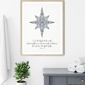 May include: A printable wall art design featuring a blue starburst with a quote from the Bible, "I am the light of the world. Whosoever followeth me will never walk in darkness, but will have the light of life. John 8:12"