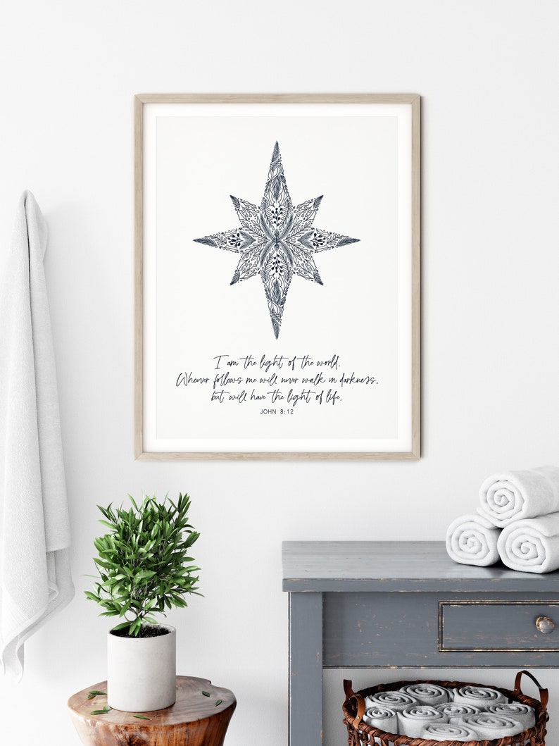 May include: A printable wall art design featuring a blue starburst with a quote from the Bible, "I am the light of the world. Whosoever followeth me will never walk in darkness, but will have the light of life. John 8:12"