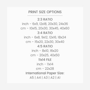 May include: A chart showing print size options for different aspect ratios, including 2:3, 3:4, and 4:5. The chart also includes a 11x14 file size option and a list of international paper sizes: A5, A4, A3, A2, and A1.