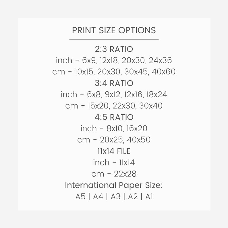 May include: A chart showing print size options for different aspect ratios, including 2:3, 3:4, and 4:5. The chart also includes a 11x14 file size option and a list of international paper sizes: A5, A4, A3, A2, and A1.