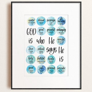 May include: A watercolour print with blue and green hues features a list of God's attributes, such as creator, eternal, sovereign, and all-knowing, with corresponding Bible verses.