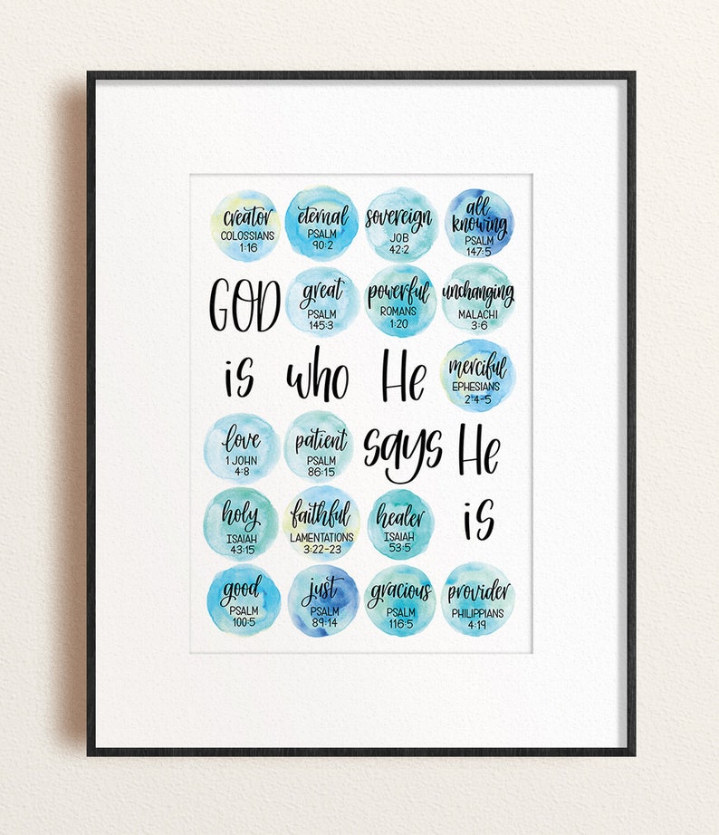 May include: A watercolour print with blue and green hues features a list of God's attributes, such as creator, eternal, sovereign, and all-knowing, with corresponding Bible verses.